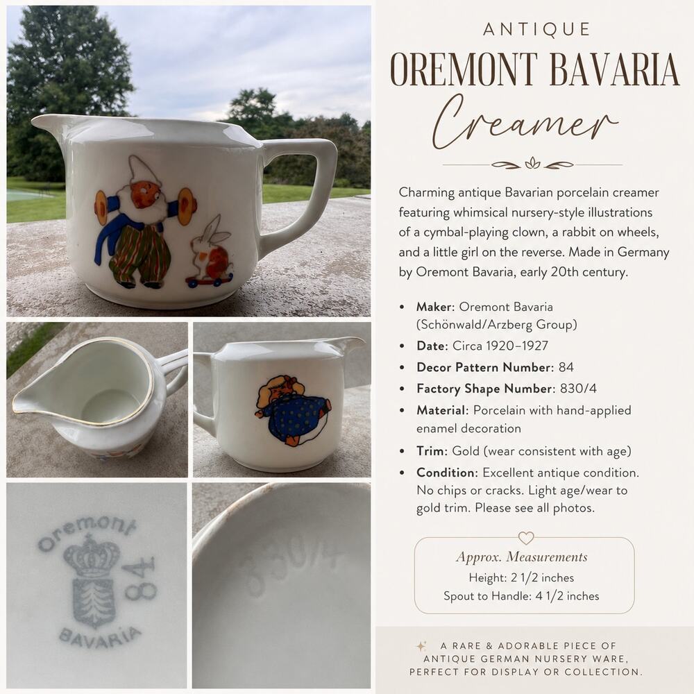 Antique 1920s Oremont Bavaria Nursery Creamer Clown Rabbit Child Porcelain. Rare
